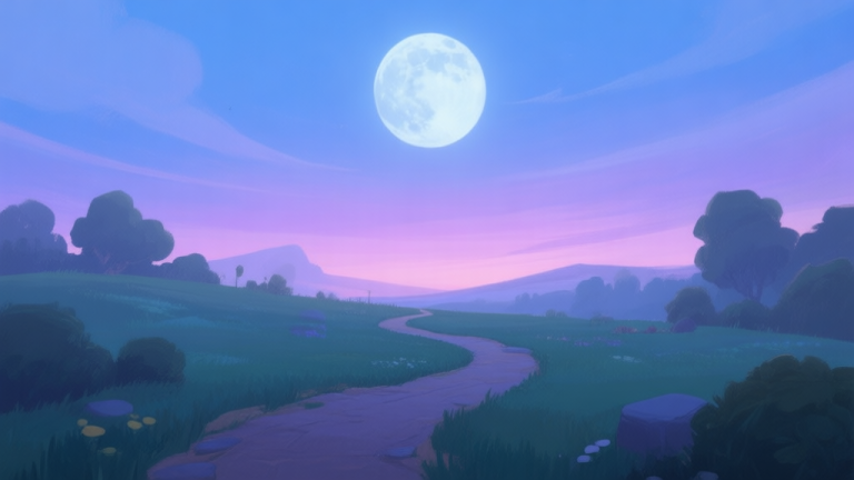 自动生成图片: A serene, painterly landscape at dusk with a winding path under a large moon, soft blues and purples, gentle gradient sky, peaceful and atmospheric video game scene high quality illustration, detailed, 16:9