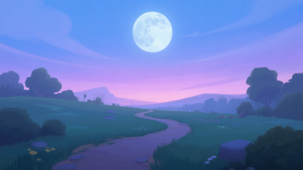 A serene, painterly landscape at dusk with a winding path under a large moon, soft blues and purples, gentle gradient sky, peaceful and atmospheric video game scene high quality illustration, detailed, 16:9