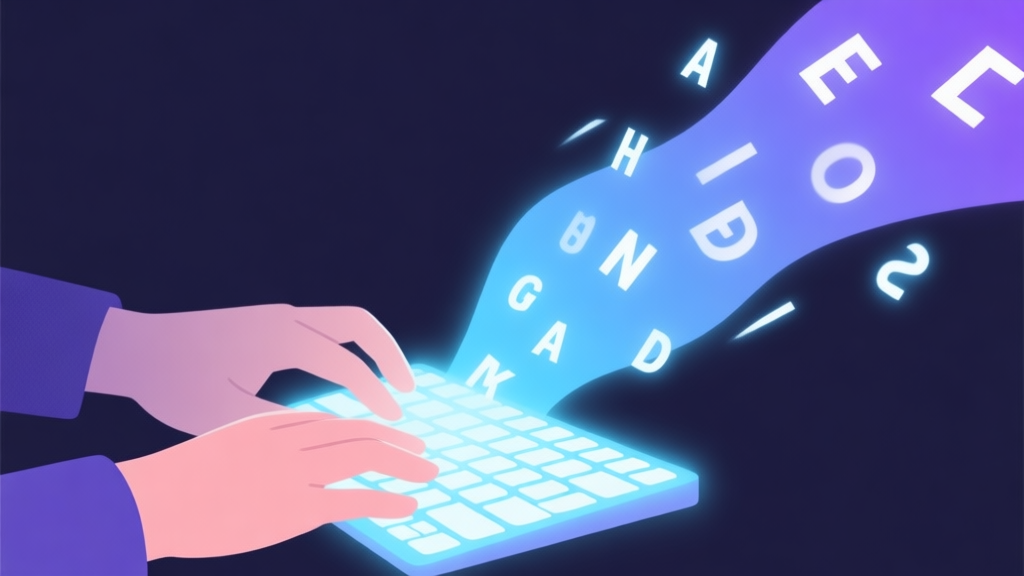 A minimalist illustration of hands on a glowing keyboard, with letters and words floating upwards in a soft gradient of blue and purple, symbolizing speed and flow high quality illustration, detailed, 16:9