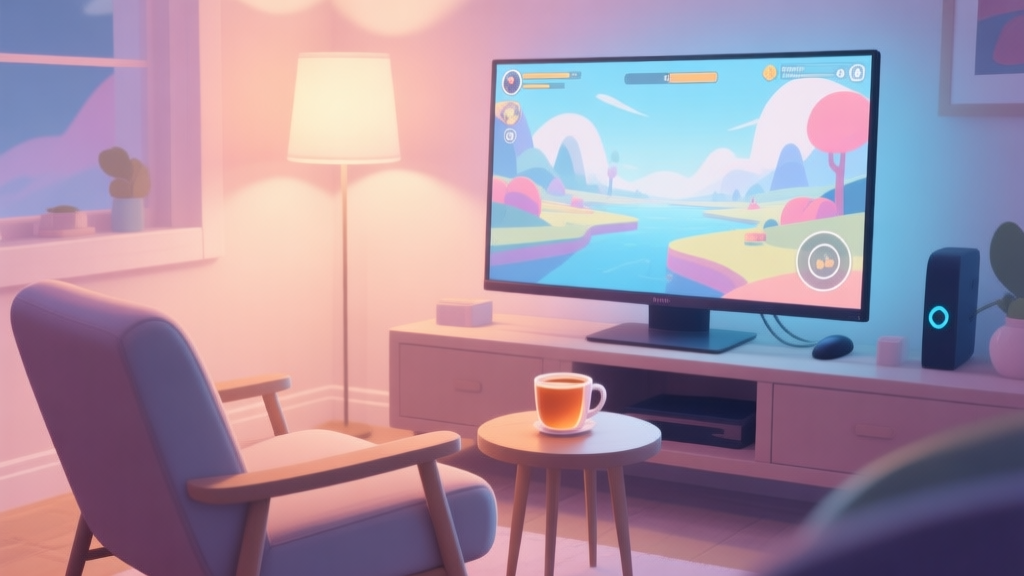 A cozy, softly lit room scene from a first-person perspective, showing a comfortable chair, a warm drink on a side table, and a gaming monitor displaying a serene, abstract landscape from a relaxing video game, in a gentle pastel color palette high quality illustration, detailed, 16:9