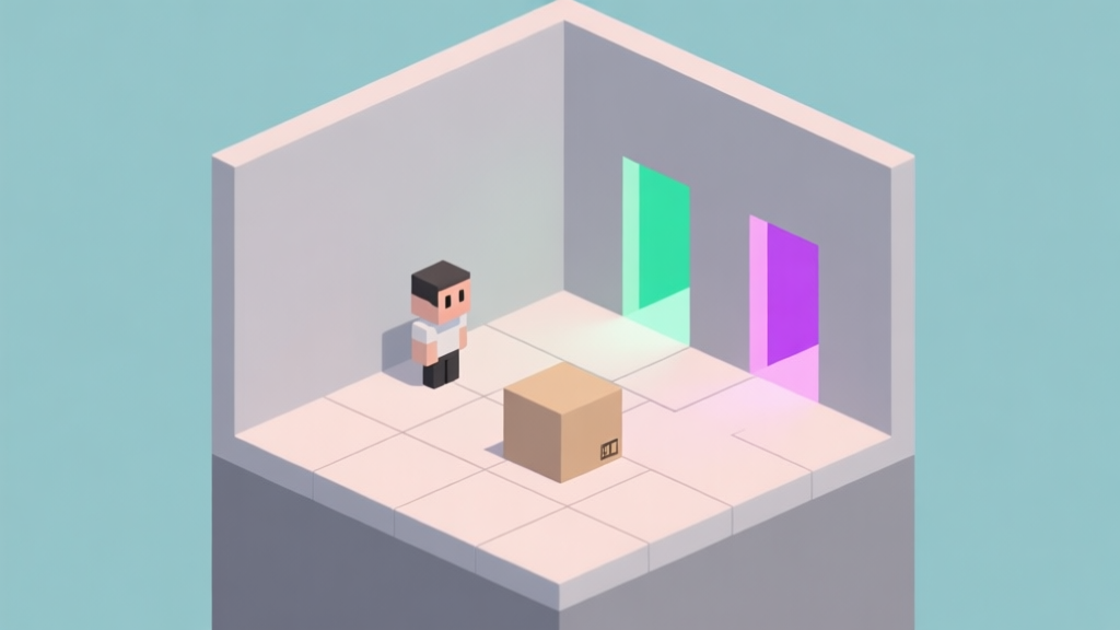 A minimalist isometric game scene showing a simple puzzle with a character, a box, and two colored portals on grey walls, soft pastel color scheme, clean lines high quality illustration, detailed, 16:9
