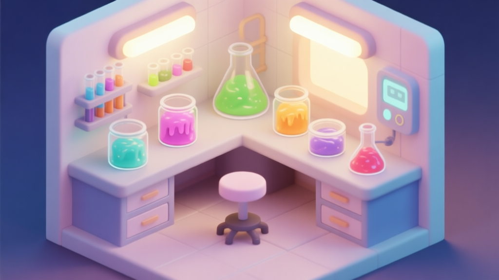 A cozy, isometric view of a slime laboratory with soft glowing lights, various colored slimes in glass containers, and a clean interface with gentle pastel colors, evoking a sense of calm and discovery high quality illustration, detailed, 16:9