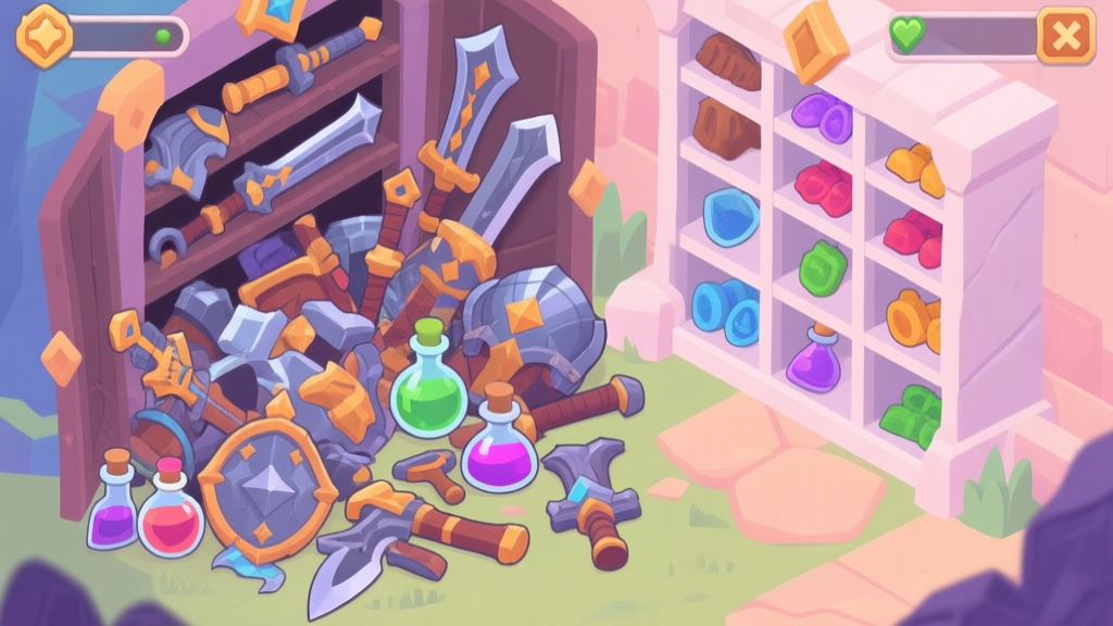 A cluttered, overflowing fantasy game inventory screen with mismatched weapons, armor, and potions, next to a clean, organized inventory with items sorted by color and type, soft isometric view, pastel game UI colors high quality illustration, detailed, 16:9