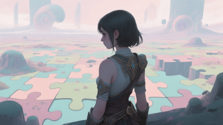 自动生成图片: A stylized, melancholic portrait of a young female game character with intricate details, seen from behind, looking at a vast, surreal puzzle landscape. Soft pastel color palette, digital painting style, evocative and mysterious mood high quality illustration, detailed, 16:9