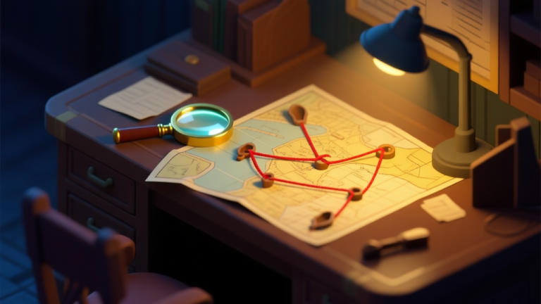自动生成图片: A dimly lit, vintage detective's desk in isometric view, with a magnifying glass (loupe) glowing softly on top of a scattered map. On the map, several clues are connected by red threads. The atmosphere is mysterious and focused, with a soft color palette of browns, dark blues, and golden yellows. high quality illustration, detailed, 16:9