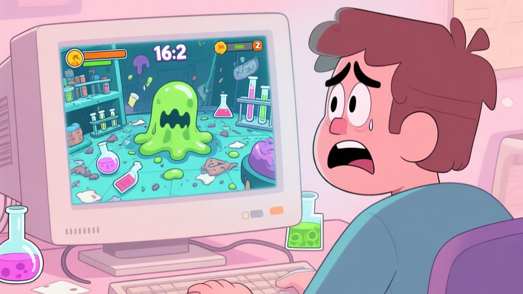 A frustrated player looking at a computer screen showing a chaotic Slime Laboratory 2 game scene with failed experiments and messy resources, soft pastel color palette, cartoon style high quality illustration, detailed, 16:9