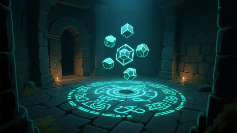 自动生成图片: A dimly lit ancient stone chamber with intricate glowing symbols carved on the floor and walls, a puzzle interface with rotating geometric shapes floating in the center, mysterious and atmospheric video game concept art high quality illustration, detailed, 16:9