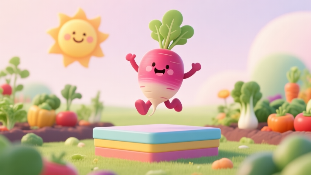 A cute, smiling radish character (Dadish) jumping over a simple, colorful platform in a vibrant vegetable garden, with a smiling sun in the background, soft pastel color palette, 2D cartoon style high quality illustration, detailed, 16:9