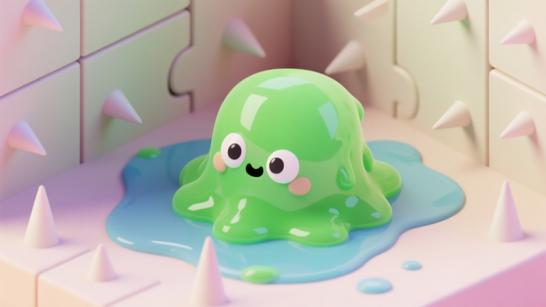 自动生成图片: A cute, gelatinous green slime blob with expressive eyes, trapped in a simple puzzle environment with spikes and a water puddle, soft pastel colors, isometric view high quality illustration, detailed, 16:9