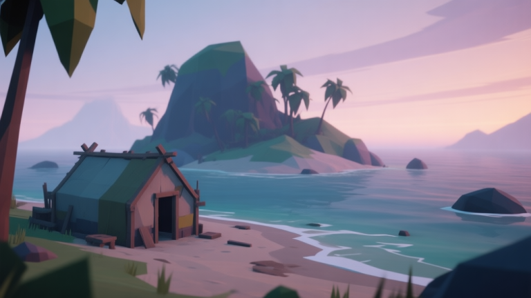 自动生成图片: A serene yet slightly ominous view of a survival game island at dusk, with a simple shelter half-built on a beach, soft pastel colors, low-poly art style high quality illustration, detailed, 16:9