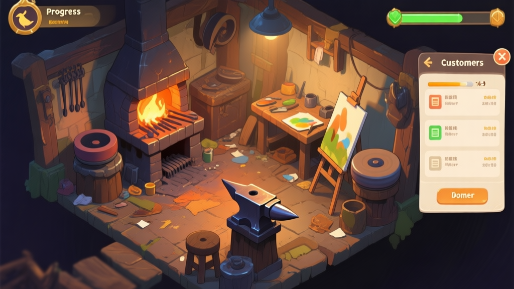 A cozy, slightly messy fantasy blacksmith workshop interface from a bird's-eye view, showing a forge, anvil, grinding wheel, and painting station. A progress bar and customer orders are visible on the side, soft warm and metallic color palette, digital illustration high quality illustration, detailed, 16:9