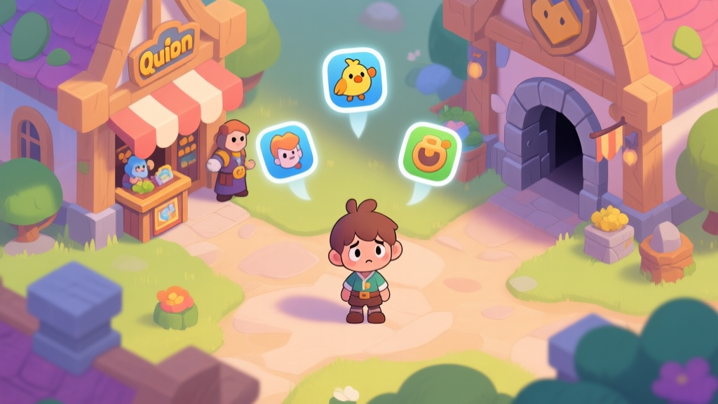 A welcoming, vibrant fantasy game hub scene from a bird's-eye view. A cute newbie character stands in the center, looking slightly confused. Clear, friendly icons float above key NPCs and buildings like a quest giver, a shop, and a dungeon entrance. Soft, inviting color palette. high quality illustration, detailed, 16:9