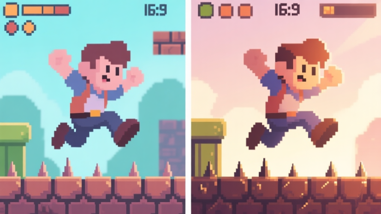 自动生成图片: Side-by-side comparison of a pixelated game scene and a remastered version with smoother graphics and enhanced lighting, showing the same character jumping over spikes, cartoon style, soft colors high quality illustration, detailed, 16:9