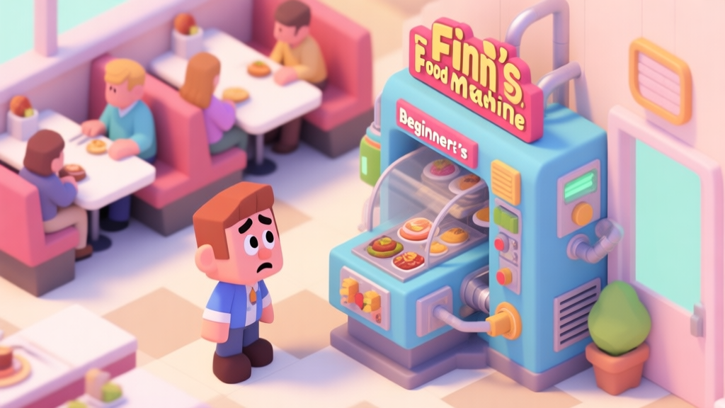 A vibrant, isometric view of a beginner's restaurant in Finn's Fantastic Food Machine, showing a player character looking confused at a complex food machine, with a few waiting customers in the background, cartoon style with soft pastel colors high quality illustration, detailed, 16:9