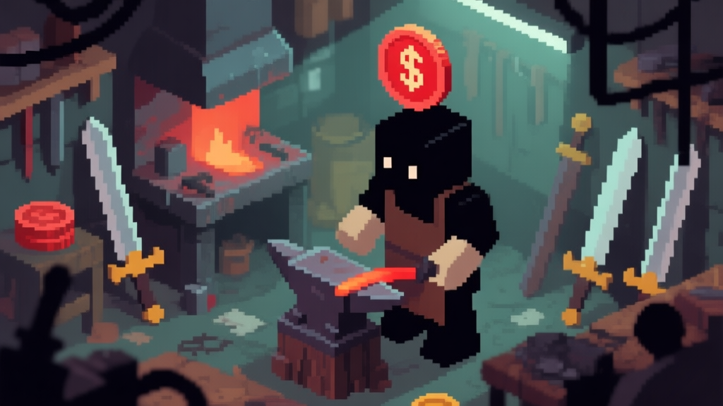 A distressed pixel-art blacksmith character in a dimly lit, messy workshop, surrounded by low-quality swords and a red, negative balance coin icon above their head, isometric view, soft muted colors high quality illustration, detailed, 16:9