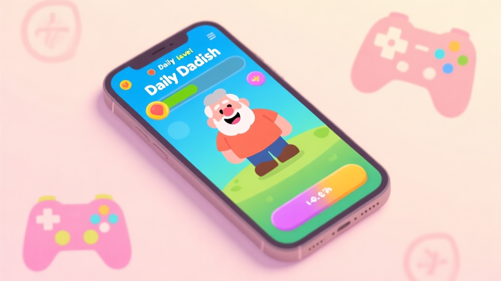 A cozy, inviting illustration of a smartphone showing a colorful Daily Dadish level, with a friendly Dadish character smiling, placed on a soft pastel background with subtle game controller icons high quality illustration, detailed, 16:9