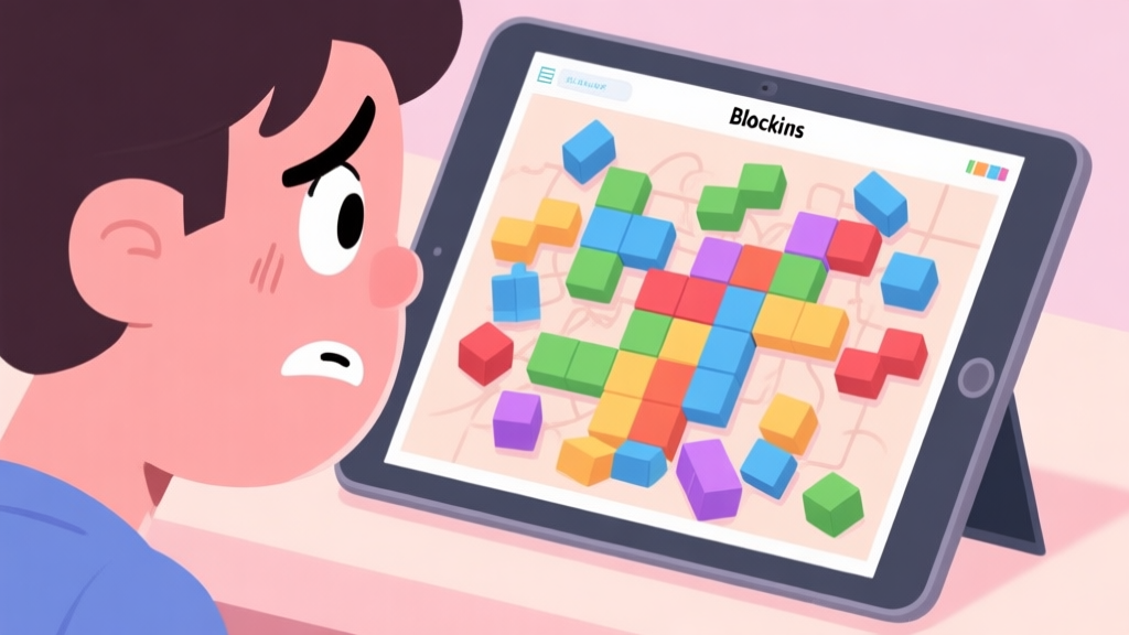 A frustrated player looking at a complex Blockins puzzle screen on a tablet, with colorful blocks in a messy arrangement, soft pastel color palette, cartoon illustration style high quality illustration, detailed, 16:9