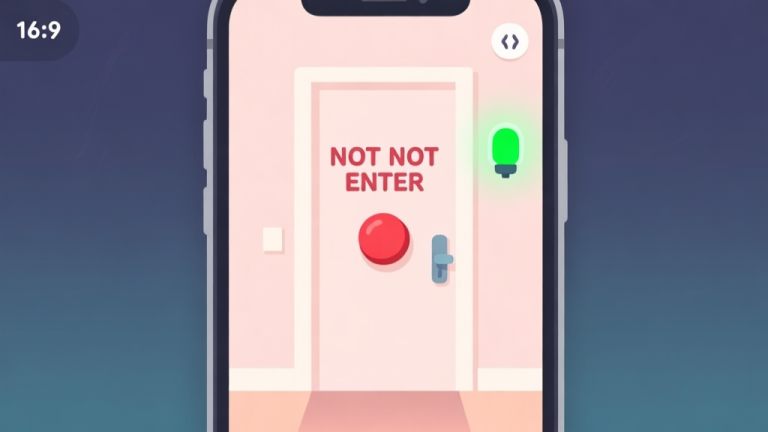 自动生成图片: A minimalist, slightly confusing game interface on a mobile screen, showing a door with "NOT NOT ENTER" written on it, a red button, and a green light that is off. Soft pastel colors, clean lines, flat design style. high quality illustration, detailed, 16:9