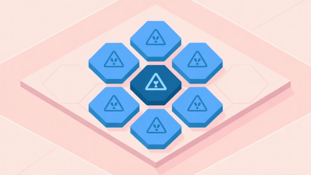 A minimalist, top-down view of a hexagonal grid puzzle game with safe blue tiles and hidden danger symbols, soft pastel color palette, clean lines, evoking a sense of logical challenge high quality illustration, detailed, 16:9