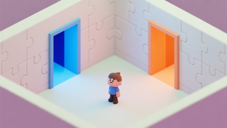 自动生成图片: A top-down view of a simple puzzle room with a blue portal on one wall and an orange portal on the opposite wall, a small character standing confused in the middle, soft pastel colors, clean lines, isometric view high quality illustration, detailed, 16:9