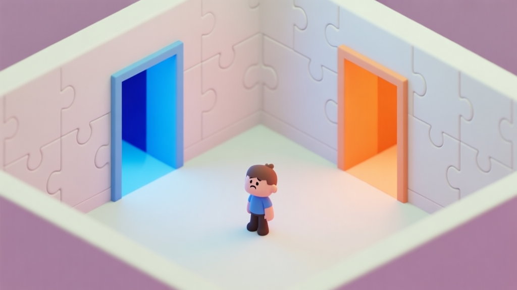 A top-down view of a simple puzzle room with a blue portal on one wall and an orange portal on the opposite wall, a small character standing confused in the middle, soft pastel colors, clean lines, isometric view high quality illustration, detailed, 16:9