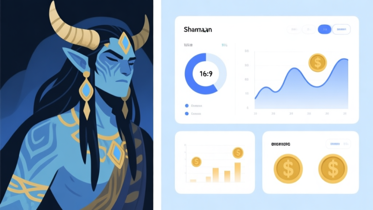 自动生成图片: A split-screen illustration showing a cool, detailed fantasy shaman character skin on one side, and on the other side, a minimalist analytical dashboard with charts and coins, soft blue and gold color scheme, flat design high quality illustration, detailed, 16:9