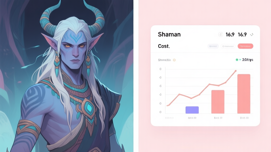 A split-screen image showing a cool, detailed fantasy shaman character skin on one side, and a simple spreadsheet with cost vs. benefit analysis on the other, in a soft pastel color scheme high quality illustration, detailed, 16:9