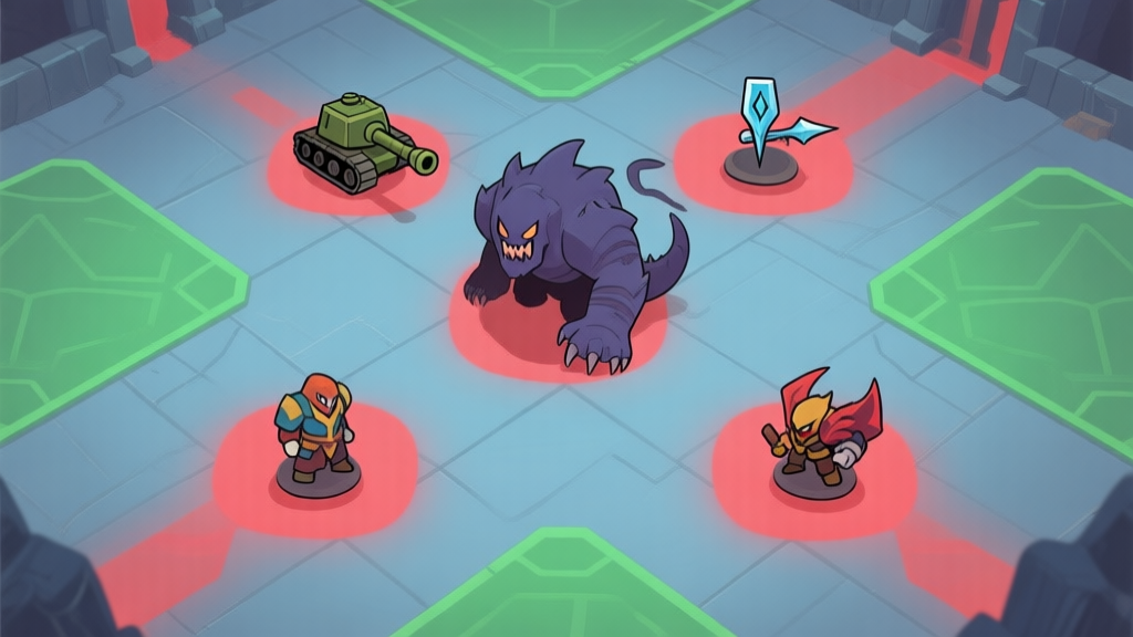 A minimalist, top-down view of a fantasy RPG battle scene with four player icons (tank, healer, two damage dealers) positioned strategically around a large boss monster, with soft red danger zones on the floor and green safe areas, in a muted color palette of blues, greys, and soft reds high quality illustration, detailed, 16:9