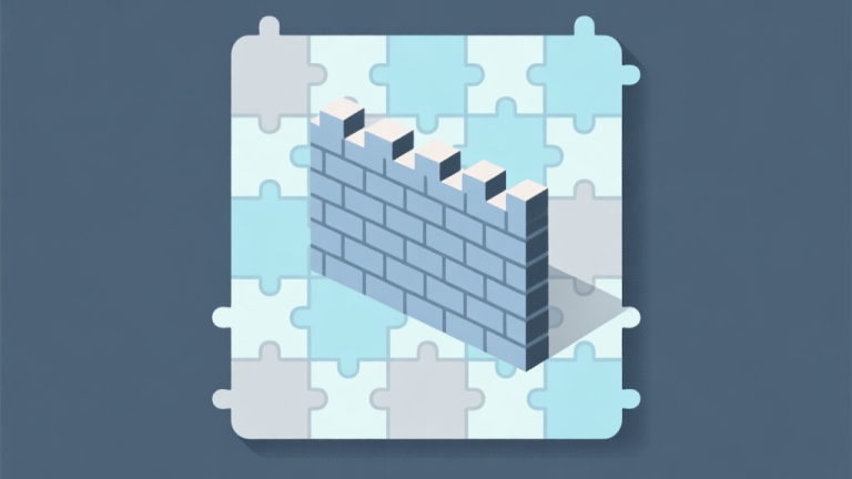 自动生成图片: A stylized, minimalist illustration of a puzzle game board with a large, imposing brick wall blocking the center, soft pastel colors like muted blue and grey, flat design style high quality illustration, detailed, 16:9