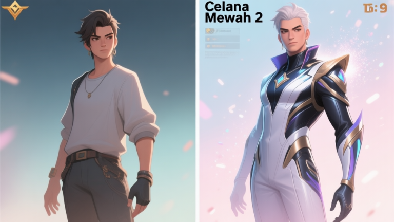 自动生成图片: A split-screen illustration showing a game character wearing a basic outfit on the left, and the same character wearing a sleek, visually striking 'Celana Mewah 2' skin on the right, with subtle particle effects, in a soft pastel color palette high quality illustration, detailed, 16:9