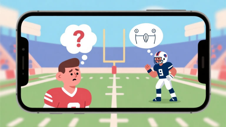 自动生成图片: A smartphone screen showing a vibrant, cartoonish American football game scene. On one side, a confused new player with a thought bubble containing question marks. On the other side, a confident player with a thought bubble showing simple football plays. Clean, flat design with a soft color palette. high quality illustration, detailed, 16:9