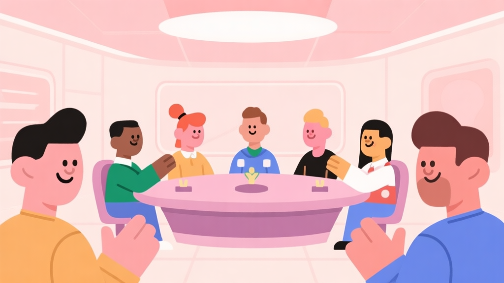 A friendly, stylized illustration of a game lobby with avatars of different styles being gently shuffled into balanced teams, soft pastel background, clean lines high quality illustration, detailed, 16:9