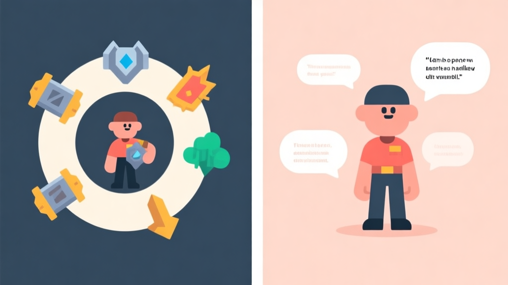 Split-screen illustration contrasting two game concepts. Left side: a character in a loop, gaining new gear and abilities with each cycle, minimalist design. Right side: a static character with only philosophical text bubbles around, flat design style, soft color palette high quality illustration, detailed, 16:9