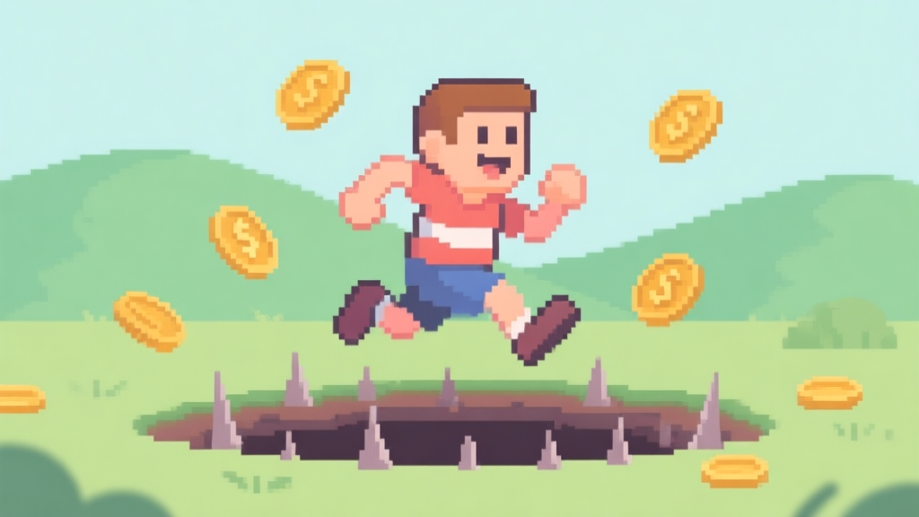 A cheerful pixel-art runner character mid-jump over a spike pit, with coins floating in the background, set against a simple green hill landscape, soft pastel color palette high quality illustration, detailed, 16:9