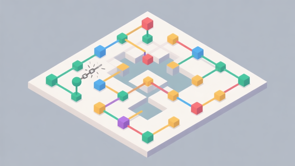 A minimalist, isometric view of a complex Submolok puzzle level with interconnected colored nodes and pathways on a soft grey background, showing a moment before a chain reaction high quality illustration, detailed, 16:9