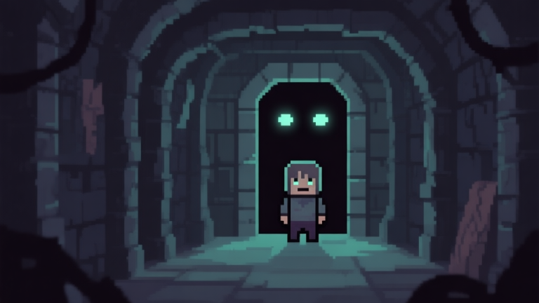 自动生成图片: A minimalist game scene showing a small, vulnerable pixel-art character standing at the entrance of a dark, complex dungeon corridor, with glowing eyes watching from the shadows, soft ominous lighting, muted color palette high quality illustration, detailed, 16:9