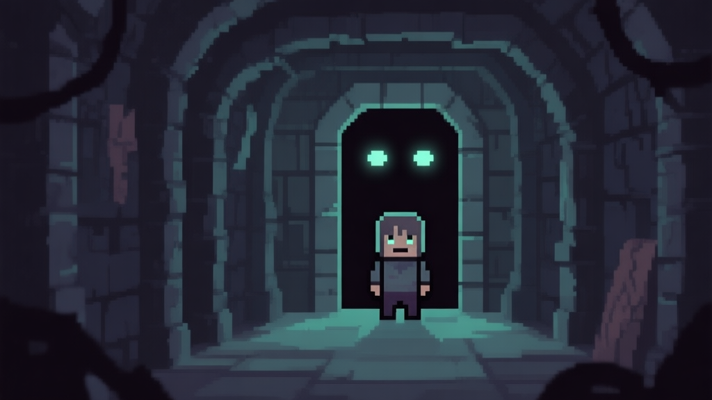 A minimalist game scene showing a small, vulnerable pixel-art character standing at the entrance of a dark, complex dungeon corridor, with glowing eyes watching from the shadows, soft ominous lighting, muted color palette high quality illustration, detailed, 16:9
