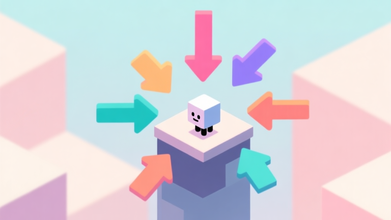 自动生成图片: A minimalist game scene showing a small square character on a platform, with colorful, stylized arrows pointing in different directions (down, left, right) around it, representing shifting gravity. Soft pastel background with geometric shapes, clean and modern puzzle game aesthetic. high quality illustration, detailed, 16:9