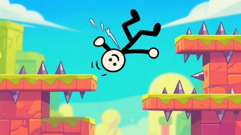 自动生成图片: A dynamic side-scrolling game scene with a stylized stick figure character mid-air, performing a complex flip between moving platforms and spike traps, vibrant cartoonish background, action shot high quality illustration, detailed, 16:9