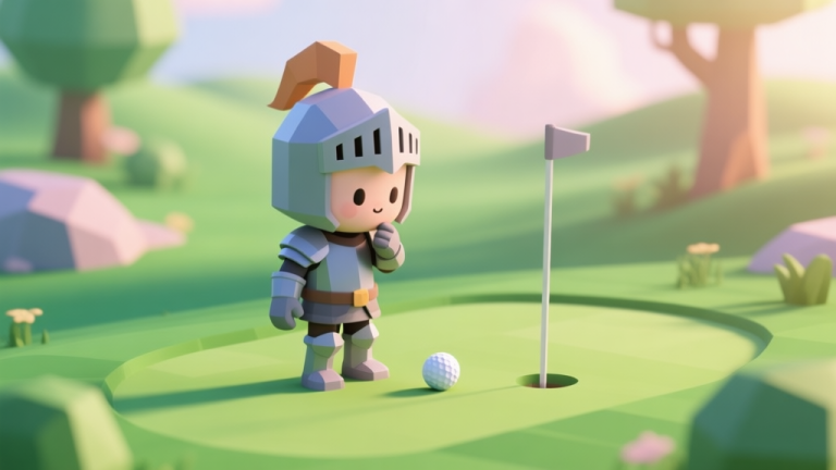 自动生成图片: A cute, low-poly 3D knight character in simple armor standing on a vibrant green fantasy golf course, looking thoughtfully at a golf ball, soft morning light, isometric view, pastel color palette high quality illustration, detailed, 16:9