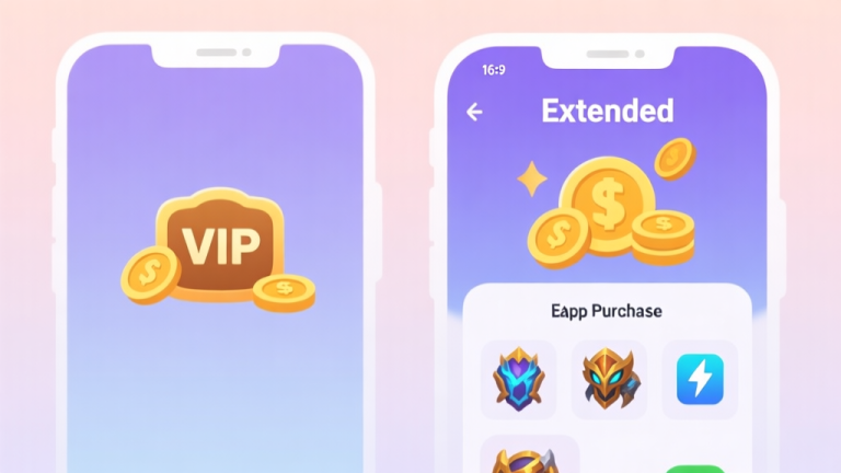 自动生成图片: A split-screen comparison illustration for a mobile game in-app purchase. Left side shows a simple VIP icon with a few coins, right side shows an "Extended" version with more coins, exclusive skins, and boost icons. Soft pastel background, clean and modern UI style. high quality illustration, detailed, 16:9