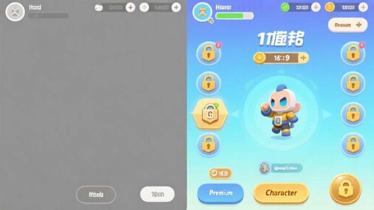 自动生成图片: A split-screen comparison of a minimalist game interface. Left side shows a basic, gray HUD with few icons. Right side shows a vibrant, detailed HUD with multiple unlockable icons, a premium currency counter, and a special character skin, using a soft blue and gold color scheme. high quality illustration, detailed, 16:9