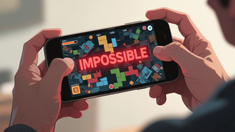 自动生成图片: A close-up of a frustrated gamer's hands holding a mobile phone, the screen shows a chaotic and complex puzzle level with the word "IMPOSSIBLE" glowing red, soft natural lighting, muted color palette high quality illustration, detailed, 16:9