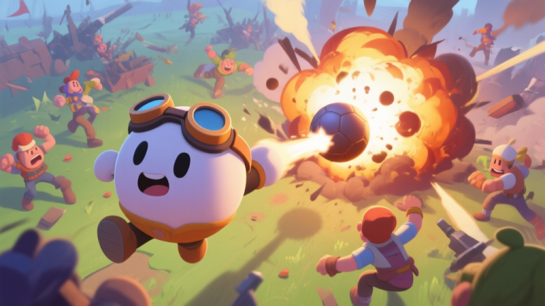 自动生成图片: A dynamic game scene showing a cartoonish, round character with goggles launching a giant explosive ball towards a chaotic battlefield, with other characters scrambling to avoid the blast, vibrant but soft colors, top-down perspective high quality illustration, detailed, 16:9