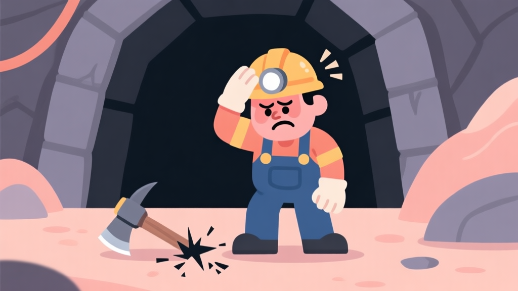 A frustrated cartoon miner character scratching his head in front of a dark mine shaft, with a broken pickaxe on the ground, soft pastel color palette, flat illustration style high quality illustration, detailed, 16:9