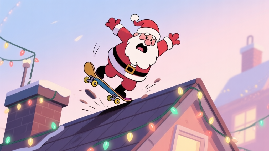 A clumsy cartoon Santa character on a rooftop, about to fall off a skateboard, with a comical expression. The scene is festive with Christmas lights, in a soft pastel color palette. high quality illustration, detailed, 16:9
