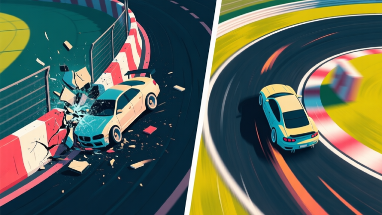 自动生成图片: Dynamic split-screen illustration showing a racing game scene. Left side: a car crashing spectacularly into a barrier on a sharp corner. Right side: the same car executing a perfect, controlled swerve around an obstacle, with motion blur lines emphasizing the evasion. Top-down view, vibrant in-game colors contrasted with a dark track. high quality illustration, detailed, 16:9