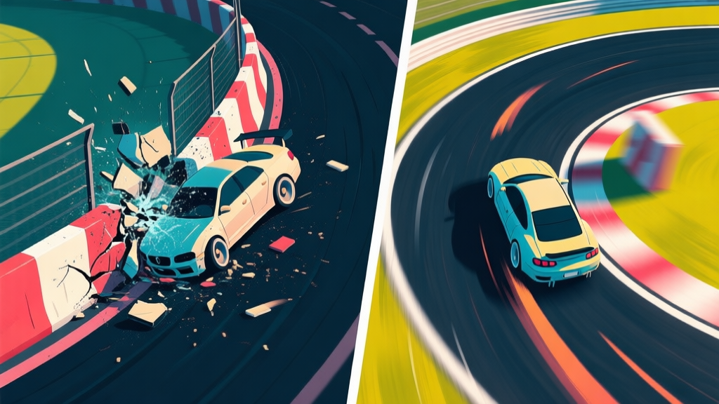 Dynamic split-screen illustration showing a racing game scene. Left side: a car crashing spectacularly into a barrier on a sharp corner. Right side: the same car executing a perfect, controlled swerve around an obstacle, with motion blur lines emphasizing the evasion. Top-down view, vibrant in-game colors contrasted with a dark track. high quality illustration, detailed, 16:9
