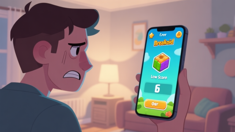 自动生成图片: A frustrated player looking at a mobile screen showing a Breakoid game over screen, with a low score visible, in a cozy room setting, soft lighting, muted colors high quality illustration, detailed, 16:9