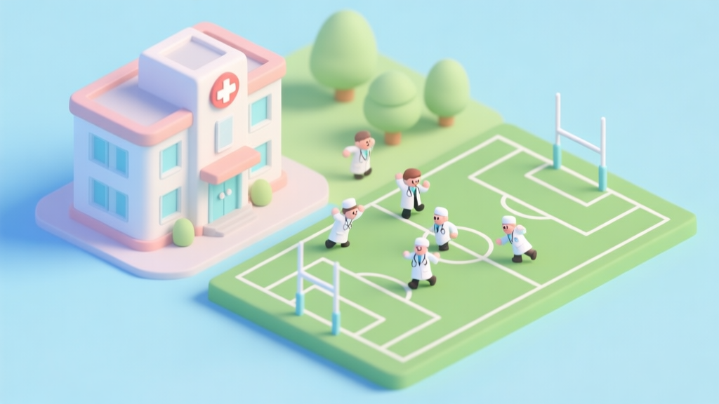 A playful, isometric illustration of a cartoon hospital building on one side and a rugby field on the other, with tiny doctor characters scrambling between them. Soft pastel color palette with light blues and greens. high quality illustration, detailed, 16:9